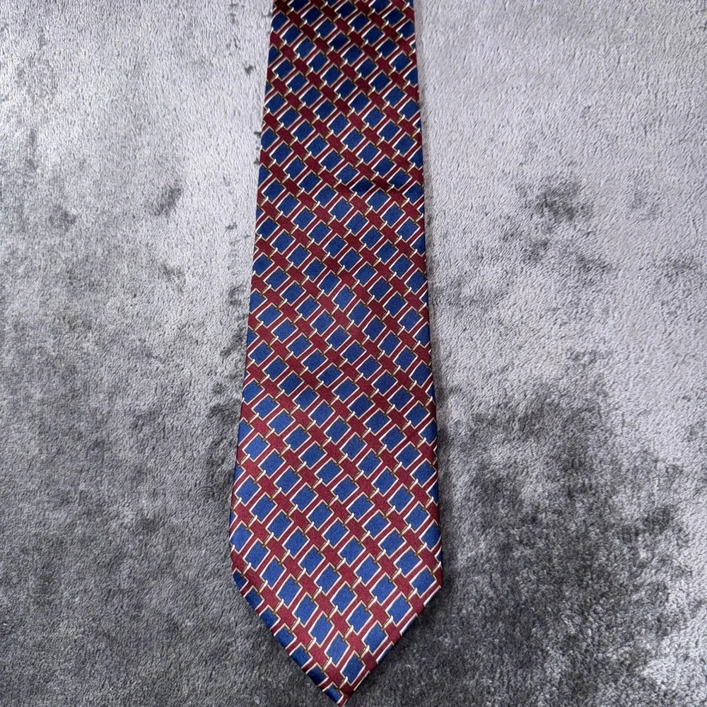 Bert Pulitzer Mens Silk Tie Geometric Burgundy Blue Made in USA RN 21304